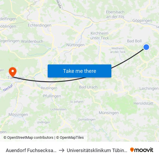 Auendorf Fuchsecksattel to Universitätsklinikum Tübingen map