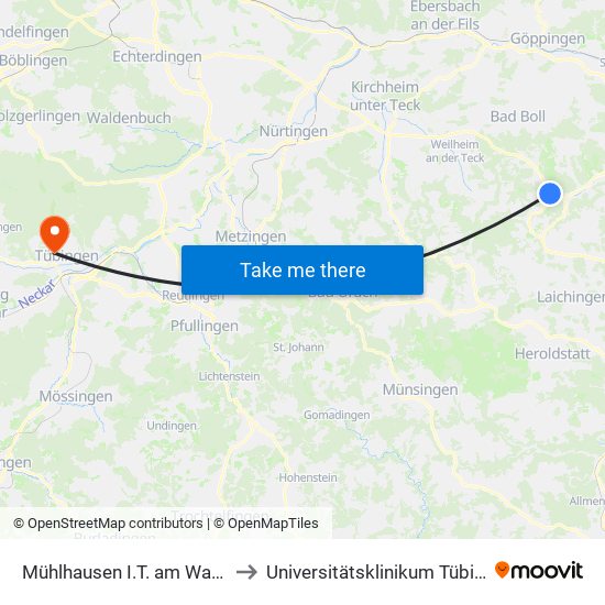 Mühlhausen I.T. am Warmen to Universitätsklinikum Tübingen map