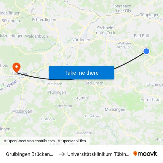 Gruibingen Brückenweg to Universitätsklinikum Tübingen map
