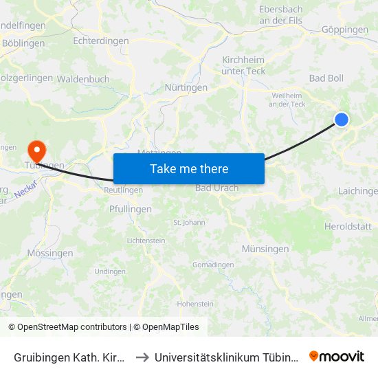 Gruibingen Kath. Kirche to Universitätsklinikum Tübingen map
