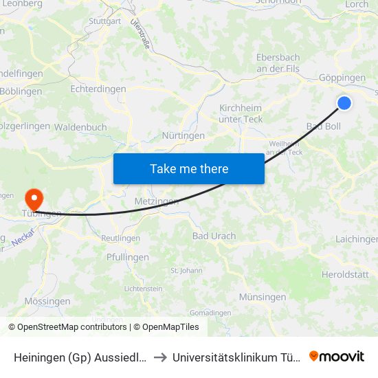 Heiningen (Gp) Aussiedlerhöfe to Universitätsklinikum Tübingen map