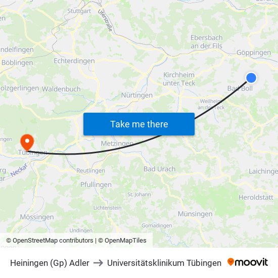 Heiningen (Gp) Adler to Universitätsklinikum Tübingen map