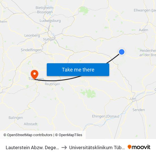 Lauterstein Abzw. Degenfeld to Universitätsklinikum Tübingen map