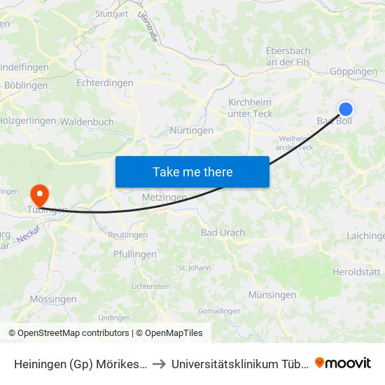 Heiningen (Gp) Mörikestraße to Universitätsklinikum Tübingen map