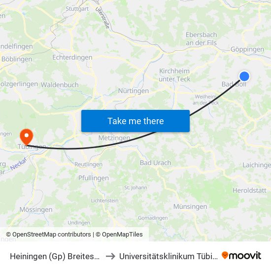 Heiningen (Gp) Breitestraße to Universitätsklinikum Tübingen map