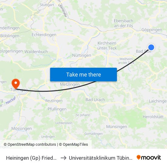 Heiningen (Gp) Friedhof to Universitätsklinikum Tübingen map