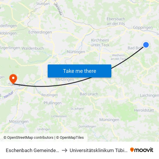 Eschenbach Gemeindehaus to Universitätsklinikum Tübingen map