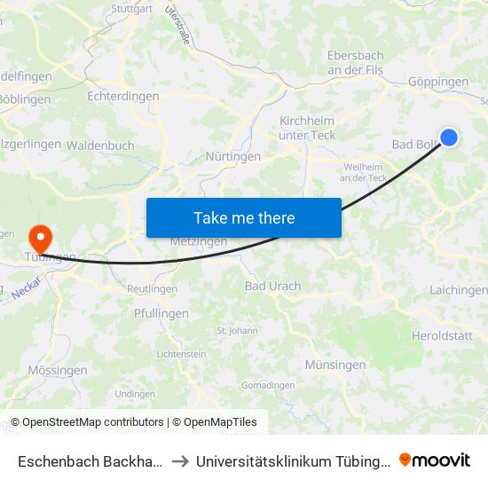 Eschenbach Backhaus to Universitätsklinikum Tübingen map