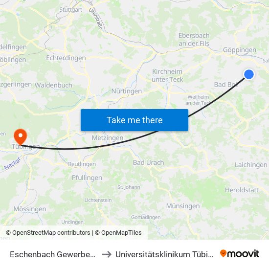 Eschenbach Gewerbepark to Universitätsklinikum Tübingen map