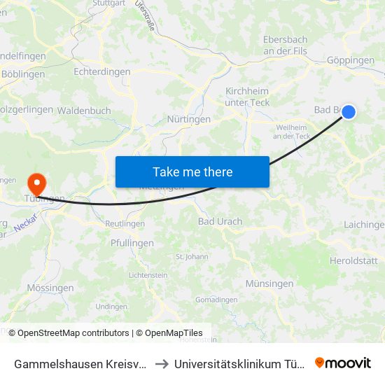 Gammelshausen Kreisverkehr to Universitätsklinikum Tübingen map