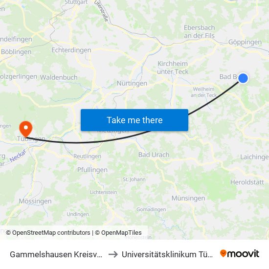 Gammelshausen Kreisverkehr to Universitätsklinikum Tübingen map