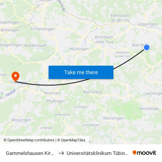 Gammelshausen Kirche to Universitätsklinikum Tübingen map