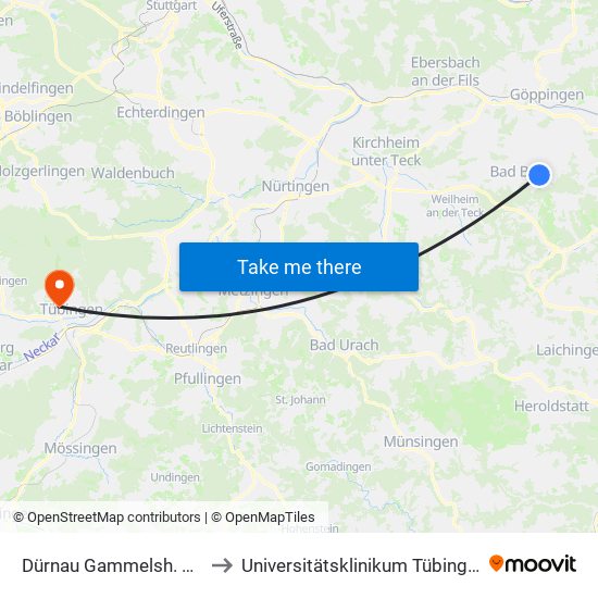 Dürnau Gammelsh. Str. to Universitätsklinikum Tübingen map