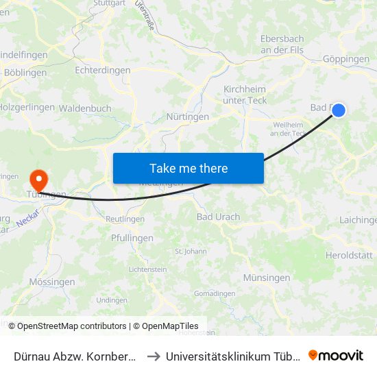 Dürnau Abzw. Kornberghalle to Universitätsklinikum Tübingen map
