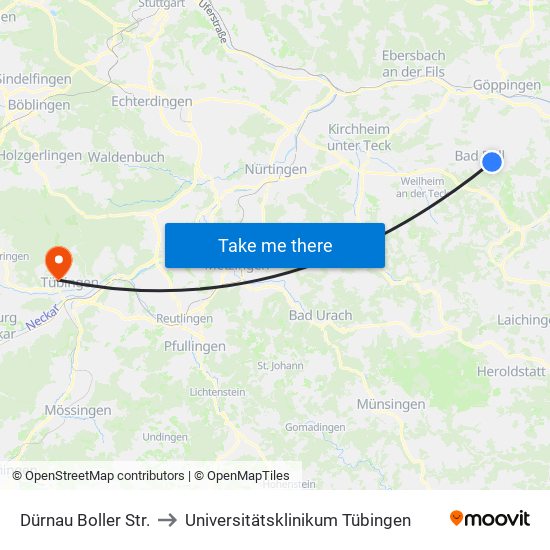 Dürnau Boller Str. to Universitätsklinikum Tübingen map
