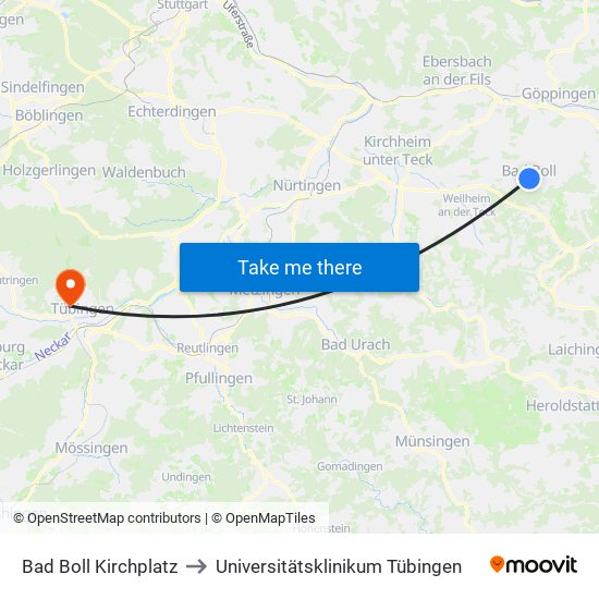 Bad Boll Kirchplatz to Universitätsklinikum Tübingen map