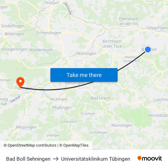 Bad Boll Sehningen to Universitätsklinikum Tübingen map