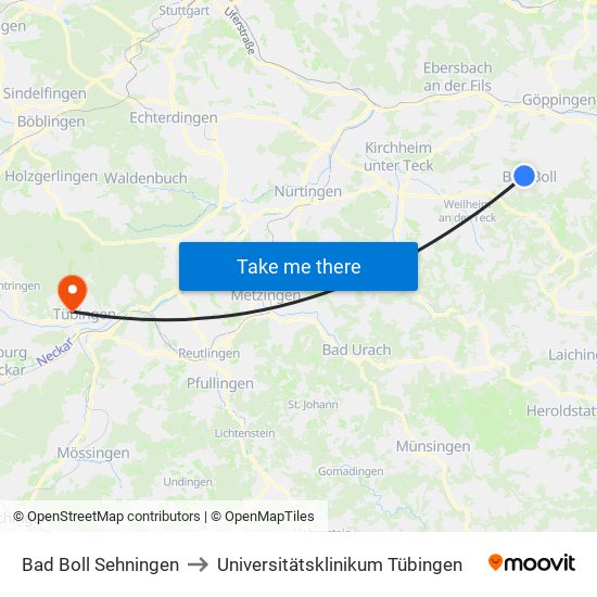 Bad Boll Sehningen to Universitätsklinikum Tübingen map