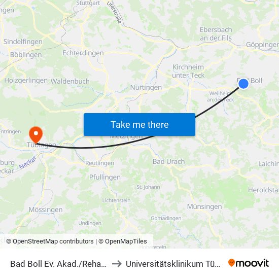 Bad Boll Ev. Akad./Reha-Klinik to Universitätsklinikum Tübingen map