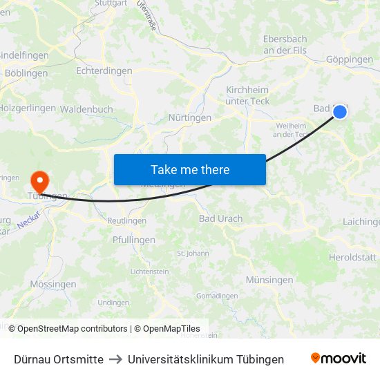 Dürnau Ortsmitte to Universitätsklinikum Tübingen map