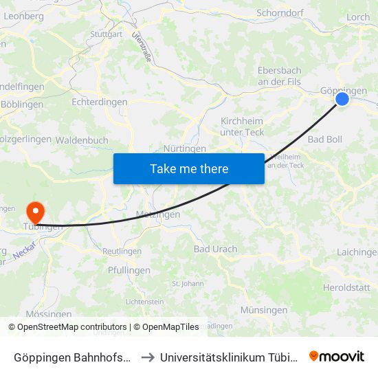 Göppingen Bahnhofssteg to Universitätsklinikum Tübingen map