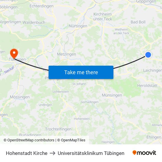 Hohenstadt Kirche to Universitätsklinikum Tübingen map