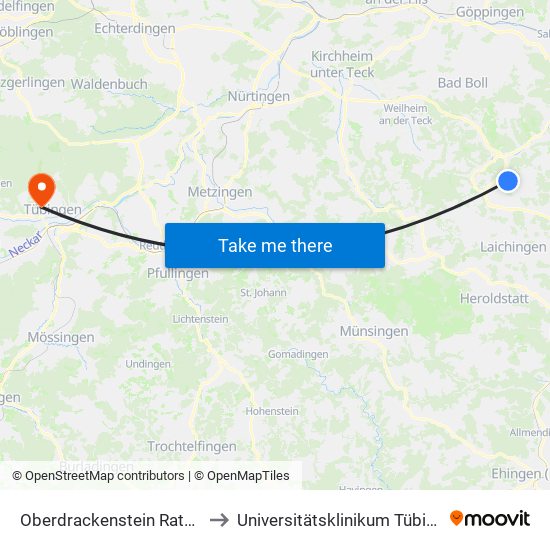 Oberdrackenstein Rathaus to Universitätsklinikum Tübingen map