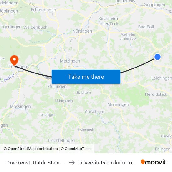 Drackenst. Untdr-Stein Kirche to Universitätsklinikum Tübingen map