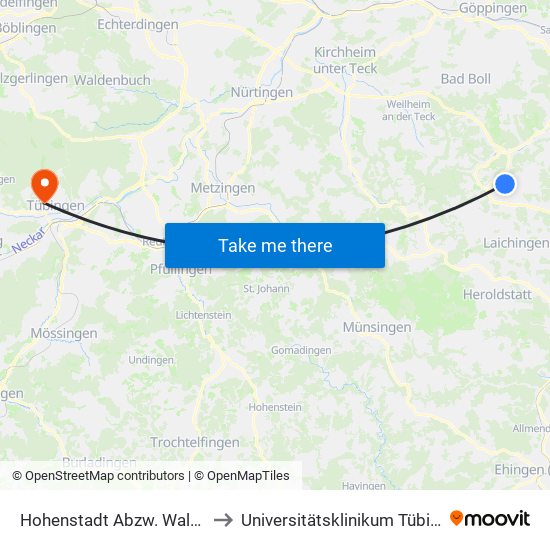 Hohenstadt Abzw. Waltertal to Universitätsklinikum Tübingen map