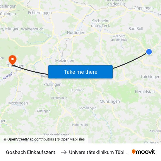 Gosbach Einkaufszentrum to Universitätsklinikum Tübingen map