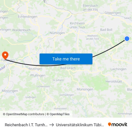 Reichenbach I.T. Turnhalle to Universitätsklinikum Tübingen map