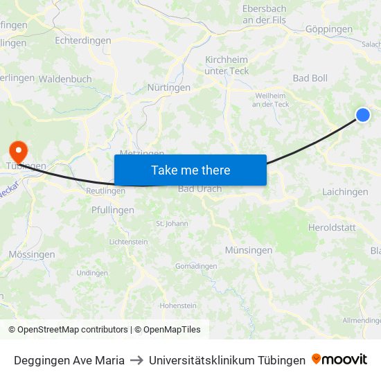 Deggingen Ave Maria to Universitätsklinikum Tübingen map