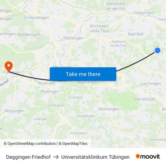 Deggingen Friedhof to Universitätsklinikum Tübingen map