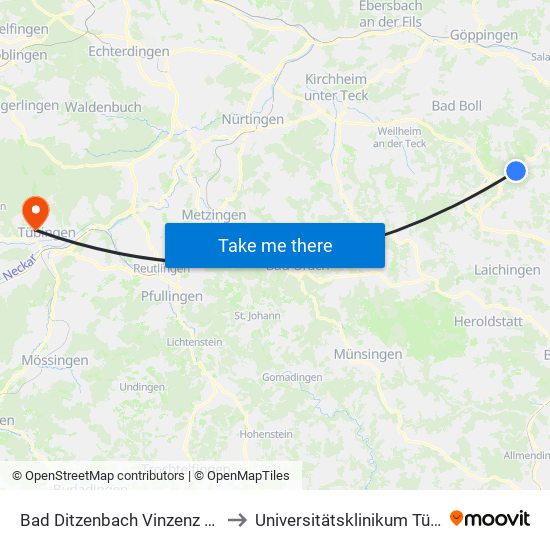 Bad Ditzenbach Vinzenz Therme to Universitätsklinikum Tübingen map