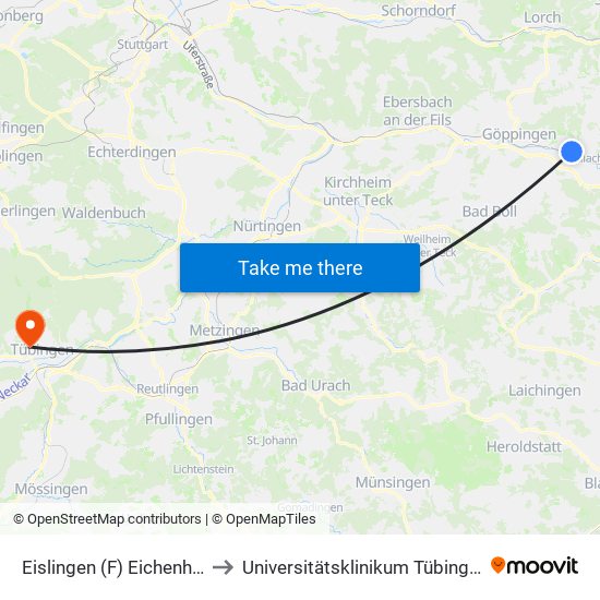 Eislingen (F) Eichenhof to Universitätsklinikum Tübingen map