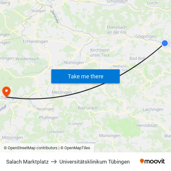 Salach Marktplatz to Universitätsklinikum Tübingen map