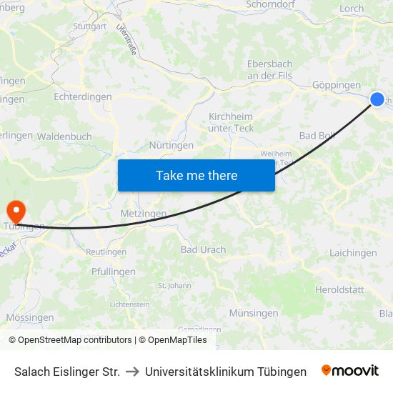 Salach Eislinger Str. to Universitätsklinikum Tübingen map