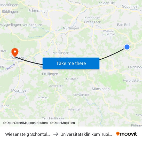 Wiesensteig Schöntalweg to Universitätsklinikum Tübingen map