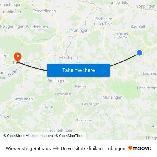 Wiesensteig Rathaus to Universitätsklinikum Tübingen map