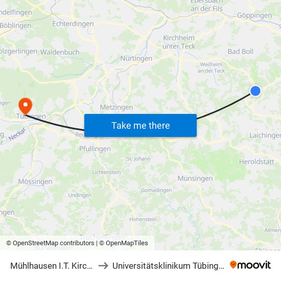 Mühlhausen I.T. Kirche to Universitätsklinikum Tübingen map