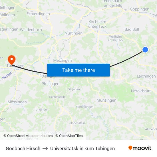 Gosbach Hirsch to Universitätsklinikum Tübingen map