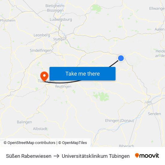 Süßen Rabenwiesen to Universitätsklinikum Tübingen map