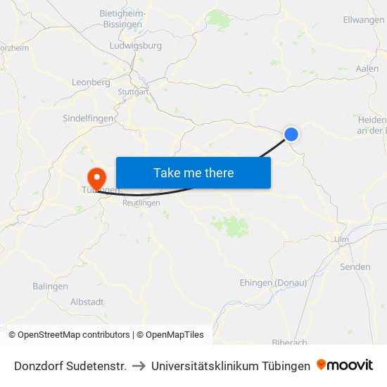 Donzdorf Sudetenstr. to Universitätsklinikum Tübingen map