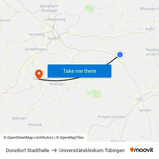 Donzdorf Stadthalle to Universitätsklinikum Tübingen map