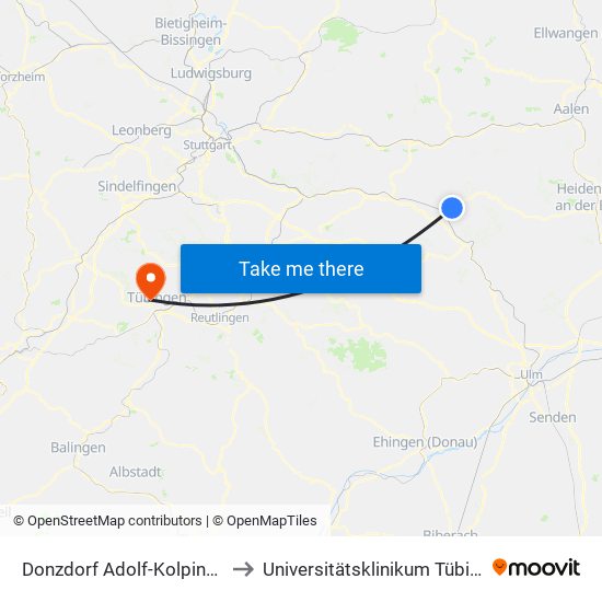 Donzdorf Adolf-Kolping-Str. to Universitätsklinikum Tübingen map