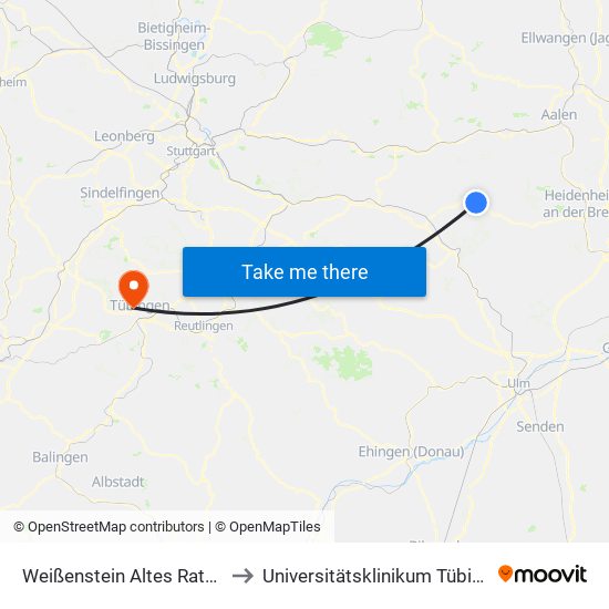 Weißenstein Altes Rathaus to Universitätsklinikum Tübingen map