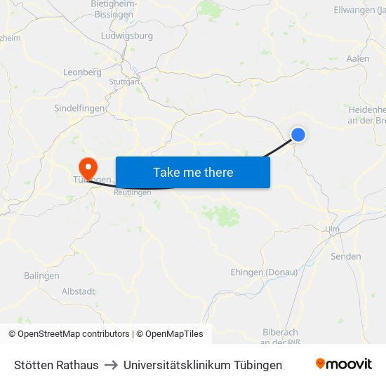 Stötten Rathaus to Universitätsklinikum Tübingen map