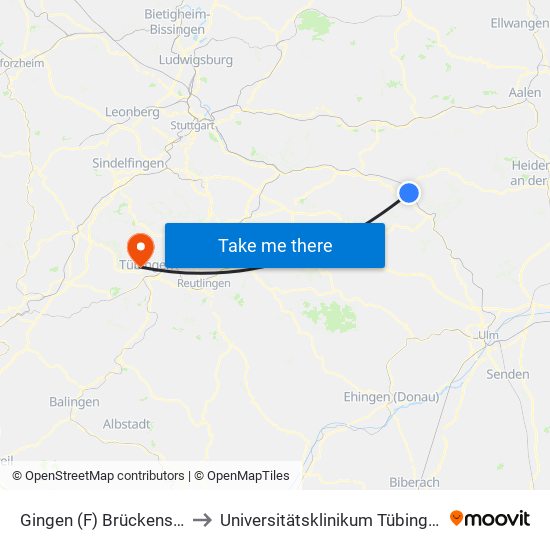 Gingen (F) Brückenstr. to Universitätsklinikum Tübingen map