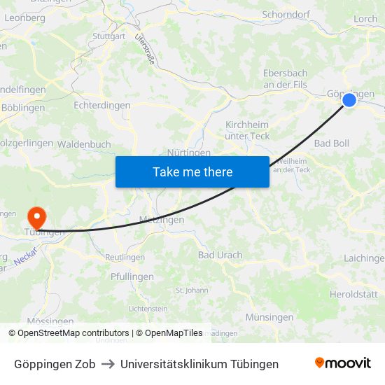 Göppingen Zob to Universitätsklinikum Tübingen map