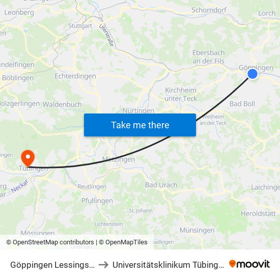 Göppingen Lessingstr. to Universitätsklinikum Tübingen map